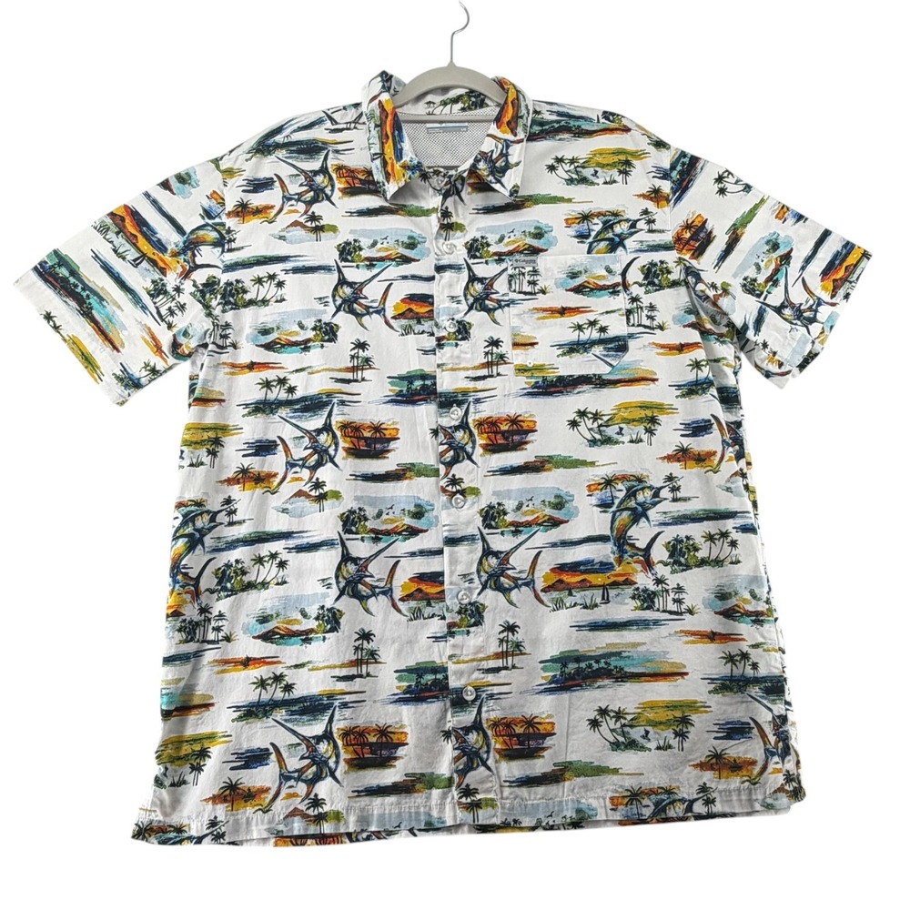 Columbia‎ PFG Short Sleeve Button Up Mens Large White Marlin Tropical Fishing